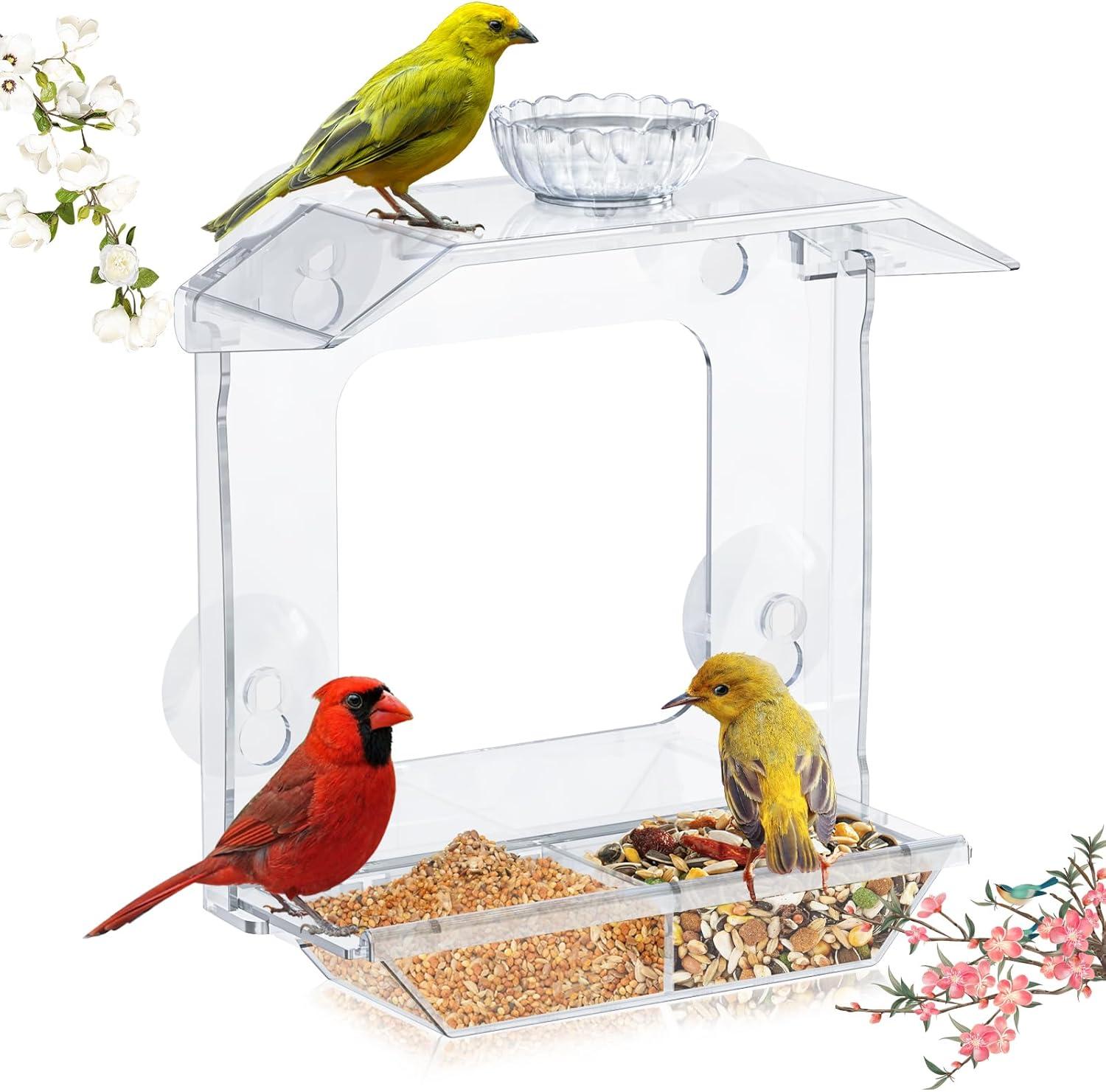 Clear Window Bird Feeder with Strong Suction Cups Clear Bird Feeding Station with Dual Seed Tray & Water Bowl – Easy to Install and Clean for Outdoor Viewing