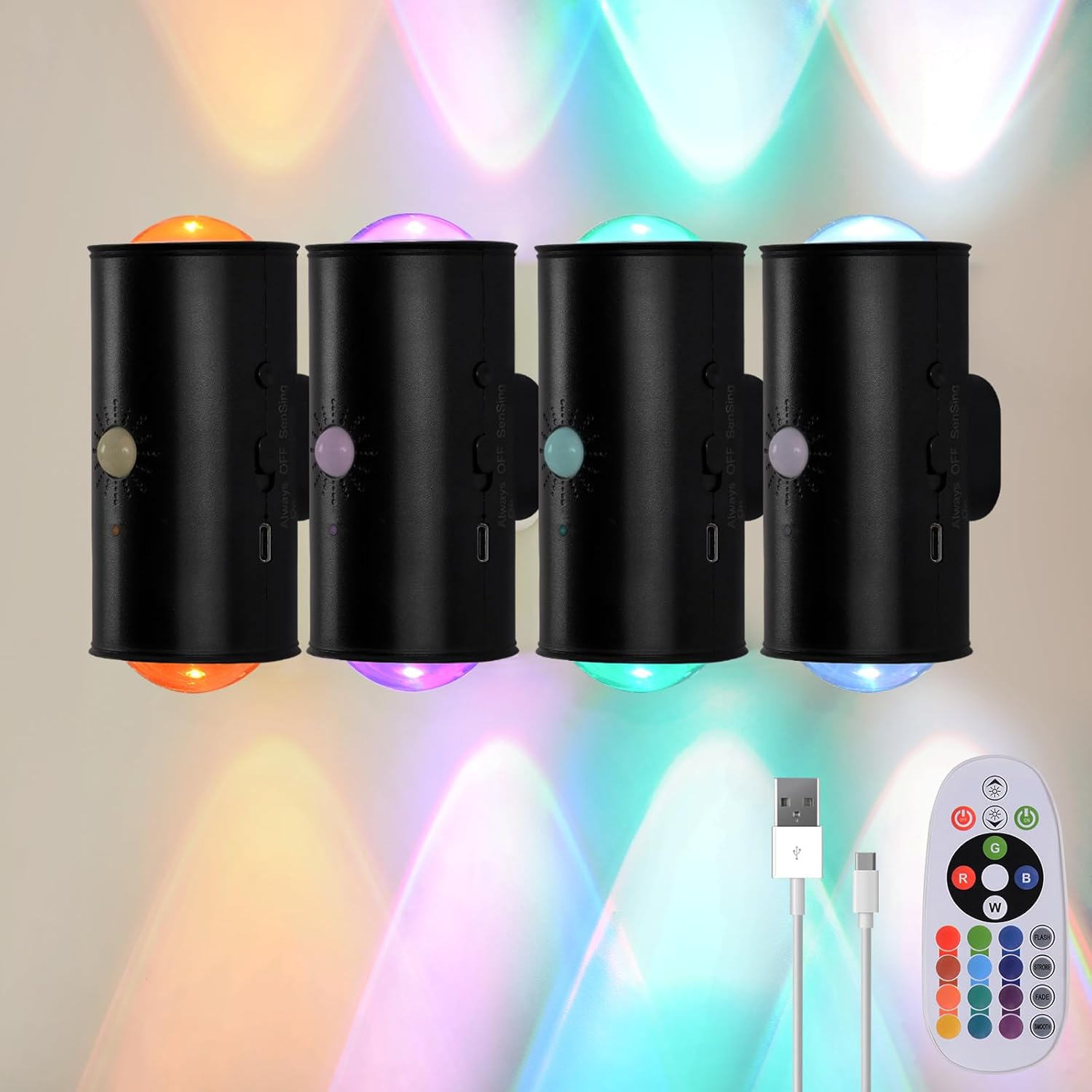 LED Wireless Wall Sconce with Remote, 16 Colors Changing, Motion Sensor Light Indoor, Dimmable, 1500Mah Rechargeable Battery Operated Wall Sconces for Hallway, Stairway, Bedroom, Black, 4-Pack