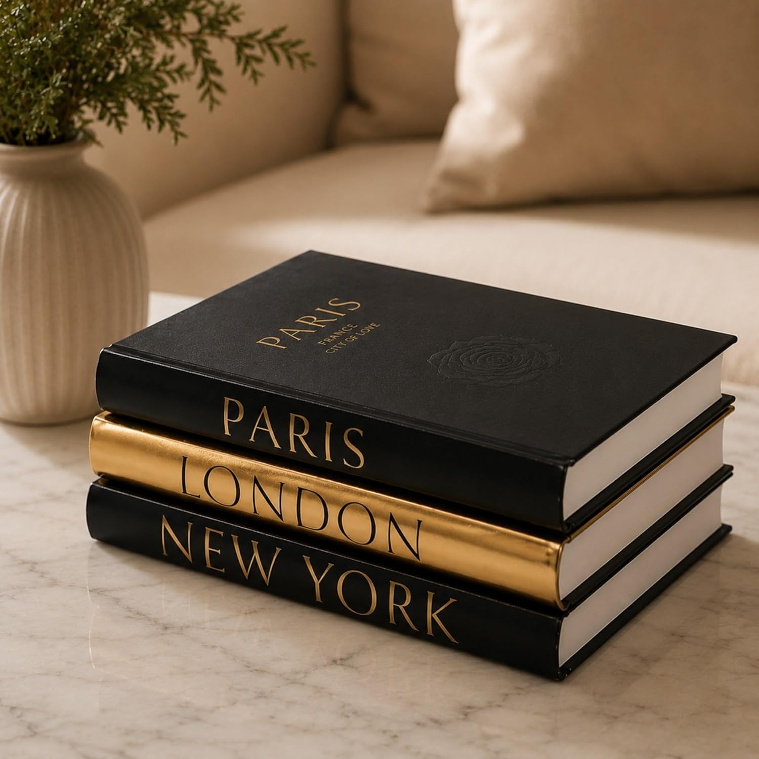 Decorative Books for Home Decor – Decorative Hardcover Display Faux Books for Bookshelf – Black and Gold Foiled Decor Books for Coffee Table – Fashion Designer Books Decor Set of 3 (Black and Gold)