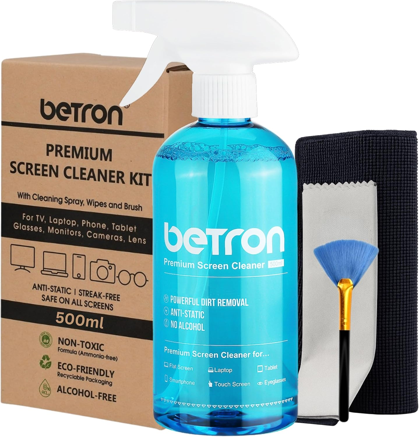 Betron Screen Cleaner Spray (500Ml) Large Cleaning Kit for LCD LED OLED TV, Smartphone, Ipad, Laptop, Touchscreen, Computer Monitor, Including Microfibre Cloth Wipes