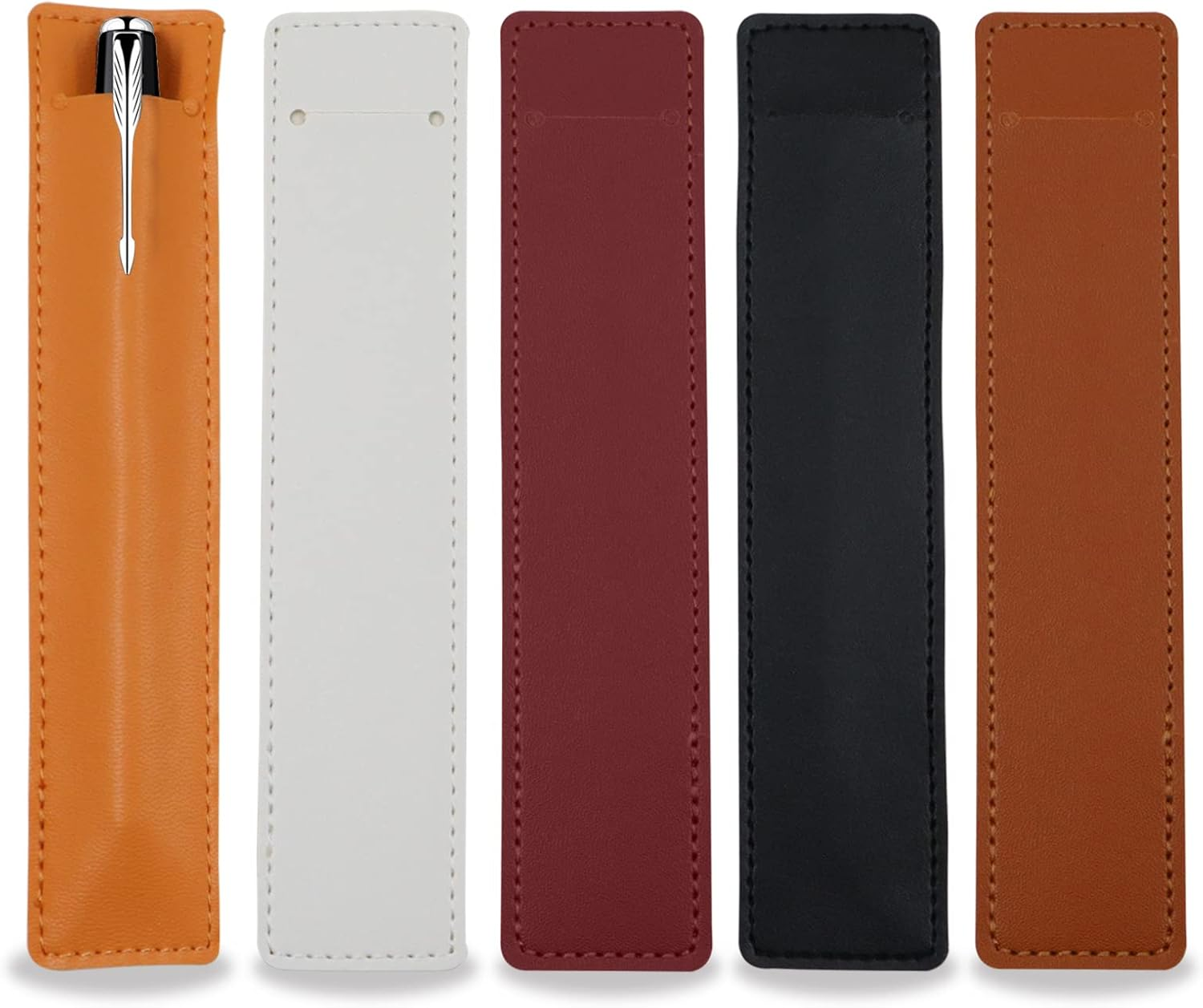 5Pcs Leather Single Fountain Pen Case, Soft Pen Sleeve Pouch for Men Women, Ballpoint Pencil Protective Cover Holder for Office, Business Gift (White, Orange, Black, Red, Brown)