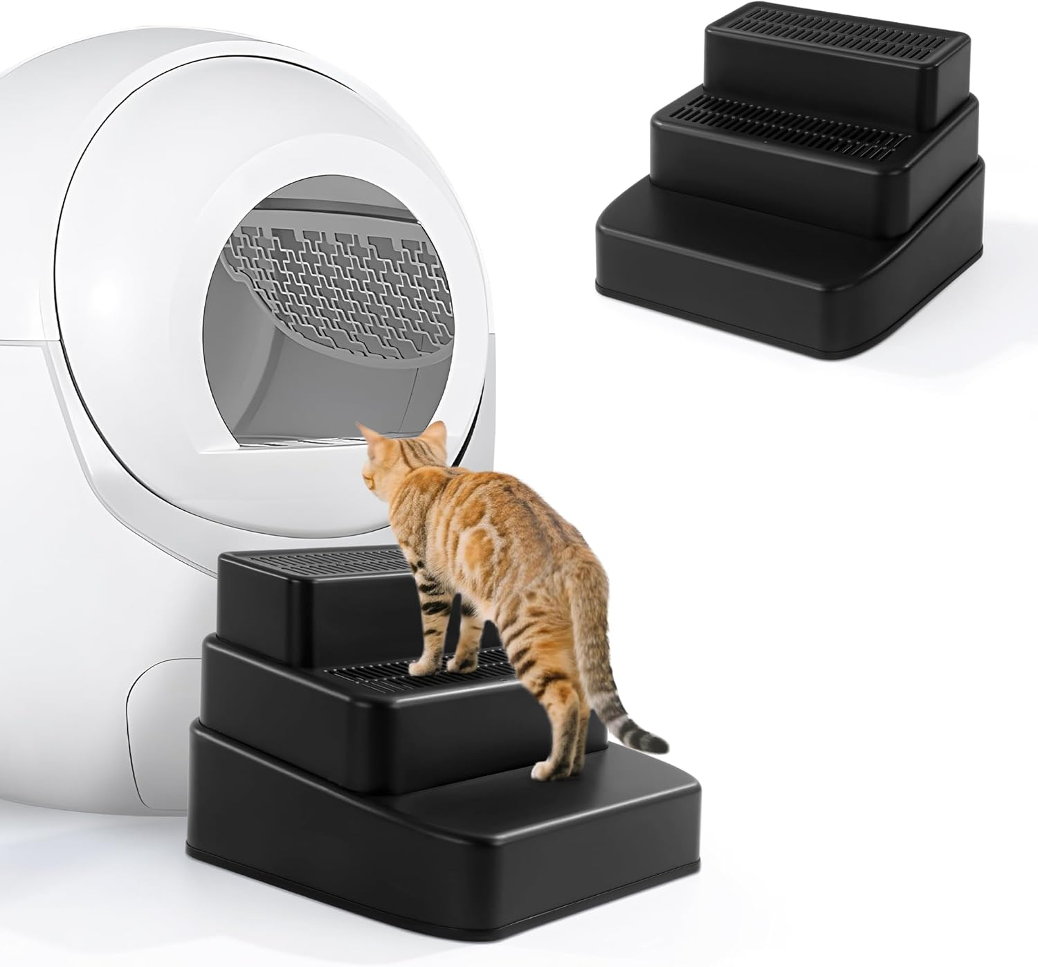 Adjustable 3 Steps Litter Box Ramp with Filter Function, Detachable Litter Trapper, Non-Slip Cat Litter Stair for Small & Elderly Cats(Black)