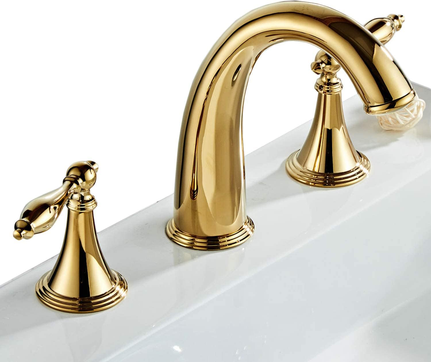 Beelee Gold Solid Brass Widespread Bathroom Faucet 3 Hole Two Handle Deck Mounted Faucet High Arc Lavatory Sink Taps with Ceramic Valve and 2 Hoses