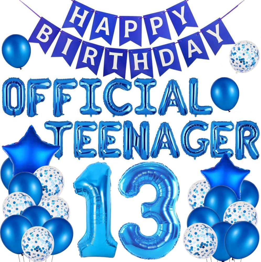 Official 13Th Birthday Decorations for Boys - Blue & Silver Teenager Balloons, Banner, Photo Props, Backdrop & Kids' Party Decorations