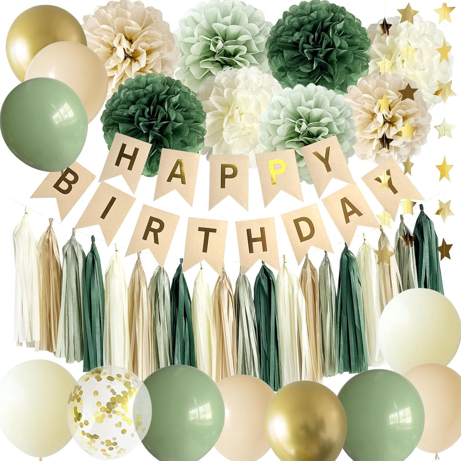 Sage Green Happy Birthday Party Decorations Retro Green Nude Ivory Dark Olive Kraft Paper Banner Balloons Neutral Rustic Boho Blush Safari Botanical Greenery Wild Décor Supplies Women Adults