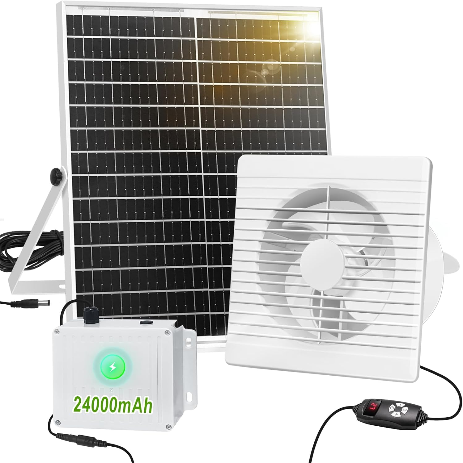 Solar Exhaust Fan with 24000Mah Battery Day & Night Work Fans, 25W 9.8