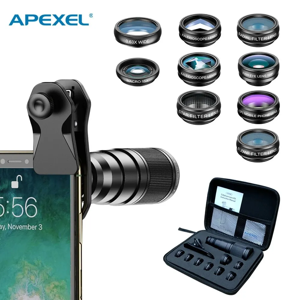 10 in 1 Mobile Phone Lens Kit 22X Telephoto Fisheye Lens Wide Angle Macro Lens+CPL Star Flow Filters for All Smartphones