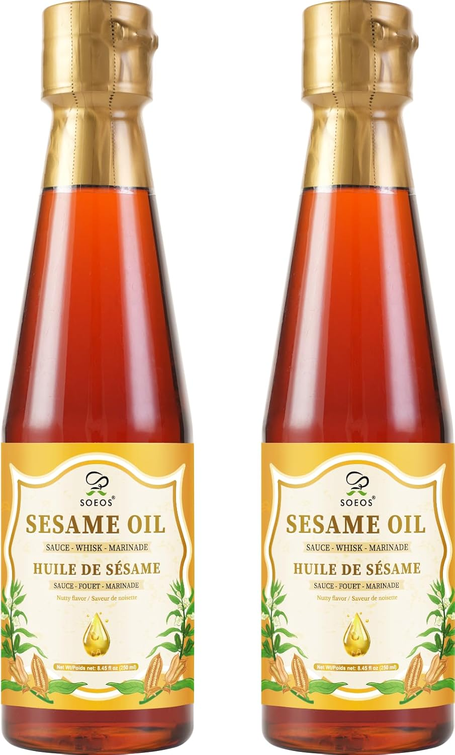 Sesame Oil, Toasted Sesame Seed Oil, 8.45 Fl Oz (250 Ml) Pack of 2, Total 500 Ml, Nutty Flavor, Perfect for Asian Food, Noodles, Soup, Baking, and Stir-Fry