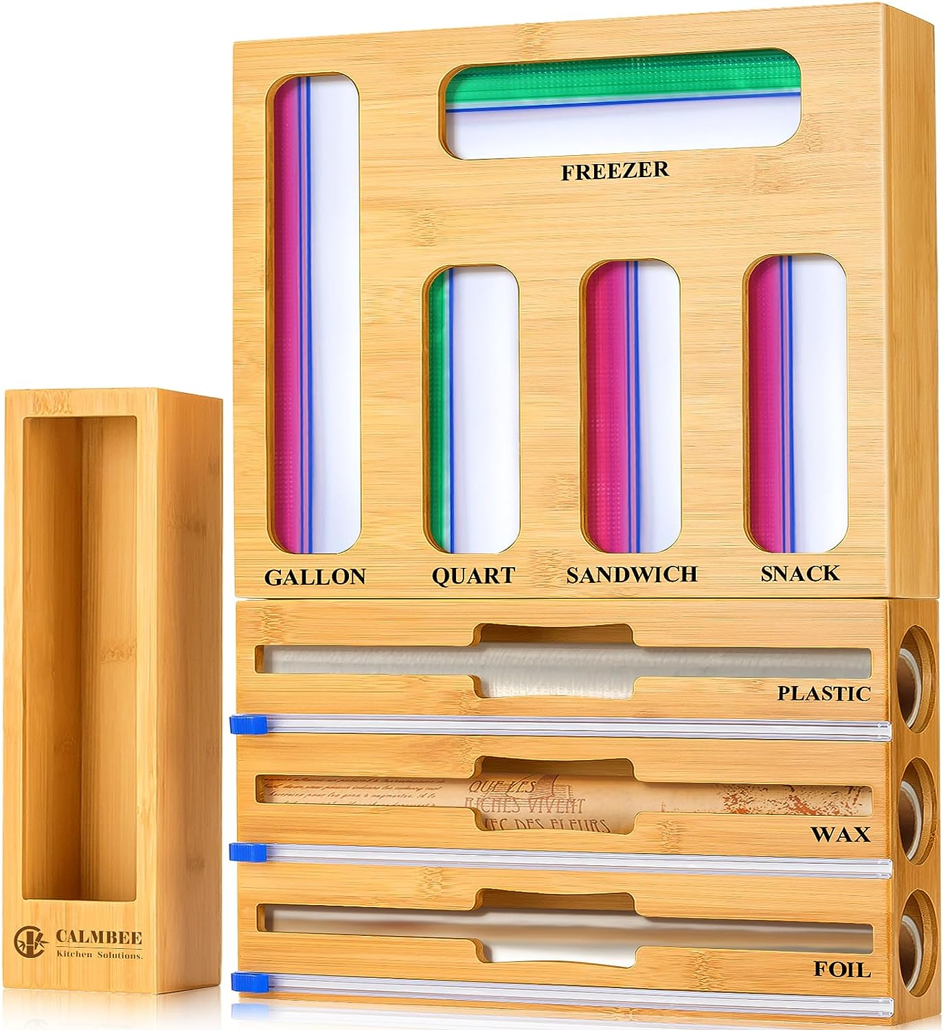 9 in 1 Storage Bag Organizer for Kitchen Drawer, Bamboo Foil and Plastic Wrap with Cutter, Organizers Compatible Gallon, Quart, Sandwich Snack Size