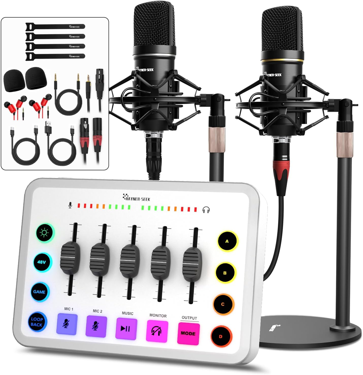 Podcast Equipment Bundle for 2, Streaming Audio Interface with 5 Channel, XLR Microphone Interface, RGB,48V Phantom Power, Perfect for Game,Podcast,Record,Tiktok-White (H1)