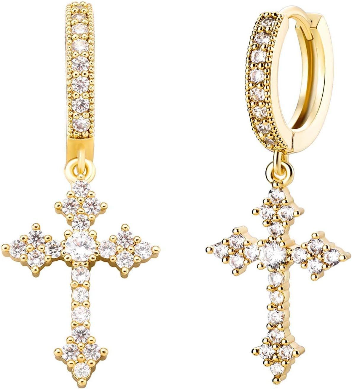 Cross Hoop Dangle Earrings 14K Gold Plated 5A+ Cubic Zirconia Cartilage Hypoallergenic Trendy Dainty Cz Cross Dangle Drop Huggie Hoops Dangling Earrings for Men Women Lightweight