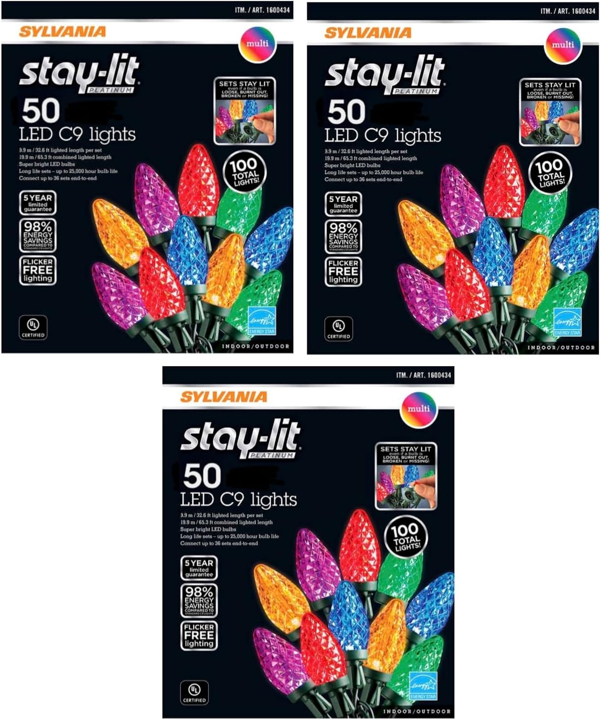 SYLVANIA Stay-Lit Platinum Multicolor LED C-9 Indoor/Outdoor Holiday Lights - (50 Lights per String) (3)