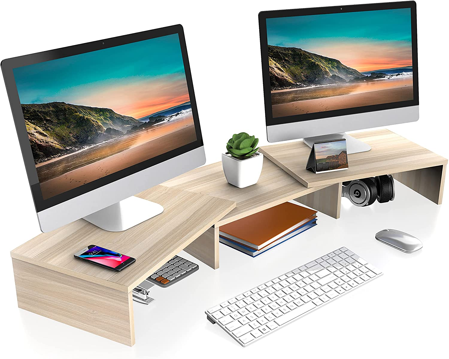 FITUEYES Dual Monitor Stand – 3 Shelf Computer Monitor Riser, Wood Desktop Stand