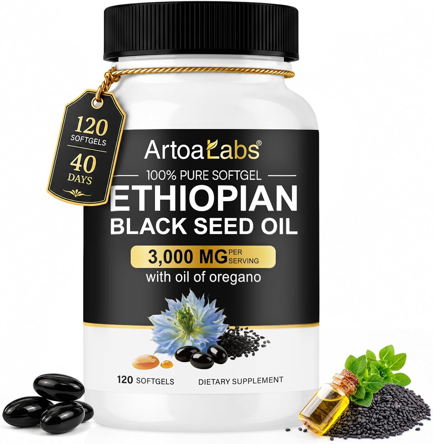 Black Seed Oil Capsules 3000Mg with Oil of Oregano | Cold Pressed Ethiopian Black Seed Oil | Nigella Sativa Supplement | Immune & Digestive Support | Non GMO Gluten Free | 120 Softgels