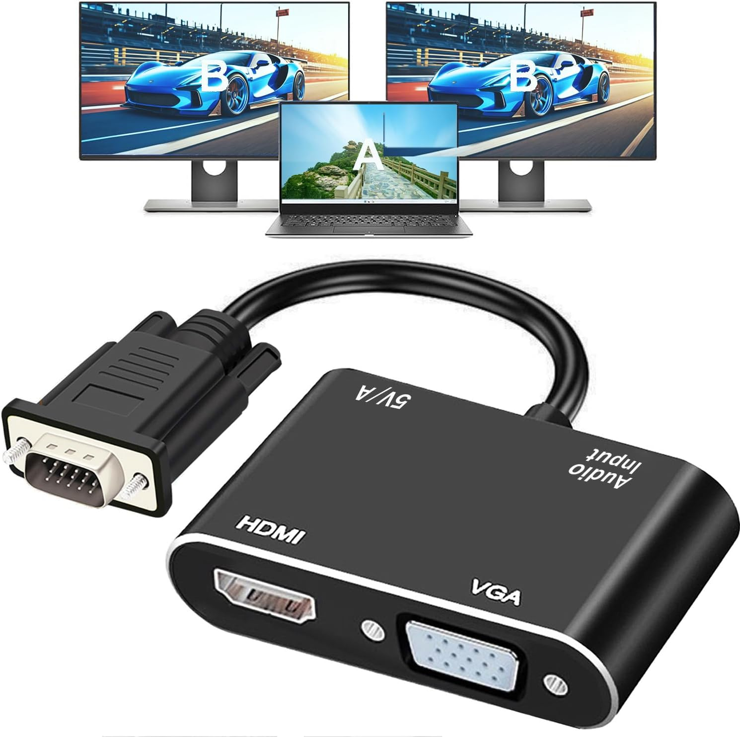 VGA to HDMI+VGA Adapter for Dual Monitors, HDMI Splitter Black