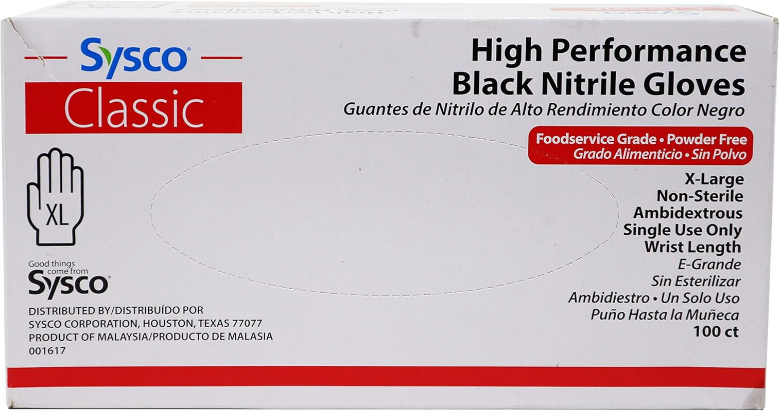 Sysco Classic Black Nitrile Extra Large Gloves Box, 100 Count