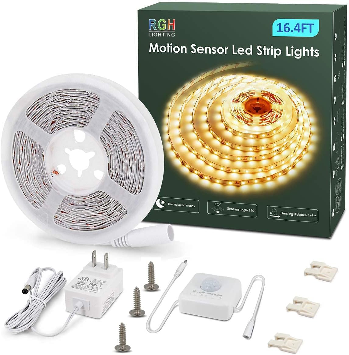 Motion Activated LED Strip Lights, 16.4Ft LED Light Strip with Day or Night 2 Lighting Modes,3 Timing off Modes,Cozy Warm White 12V Plug-In LED Rope Lights for under Cabinet,Kitchen,Stair