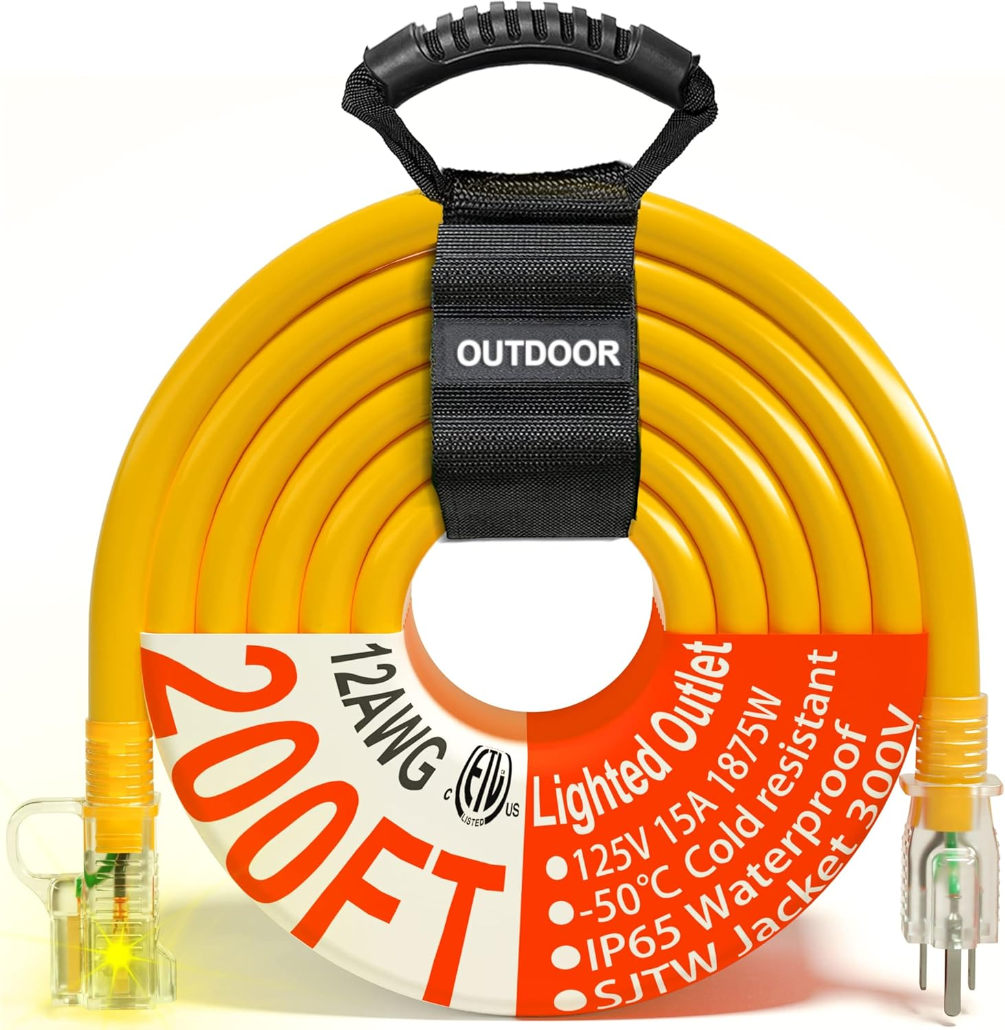 200 Ft 12/3 Gauge Outdoor Extension Cord Waterproof Heavy Duty with Lighted End, Flexible 3 Prong Electric Cord Outside, 15Amp 1875W 12AWG SJTW, Yellow, ETL