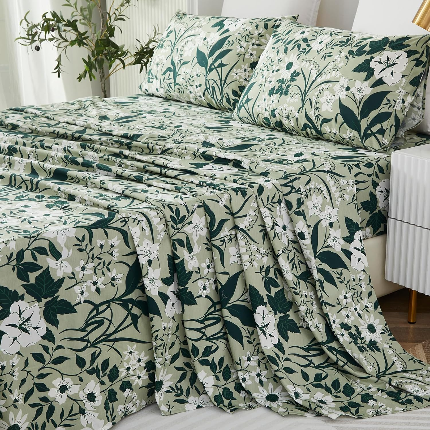 Floral Sheet Set Cal King, 100% Cotton Green Floral Printed Bed Sheets Patterned Sheets with 17.5