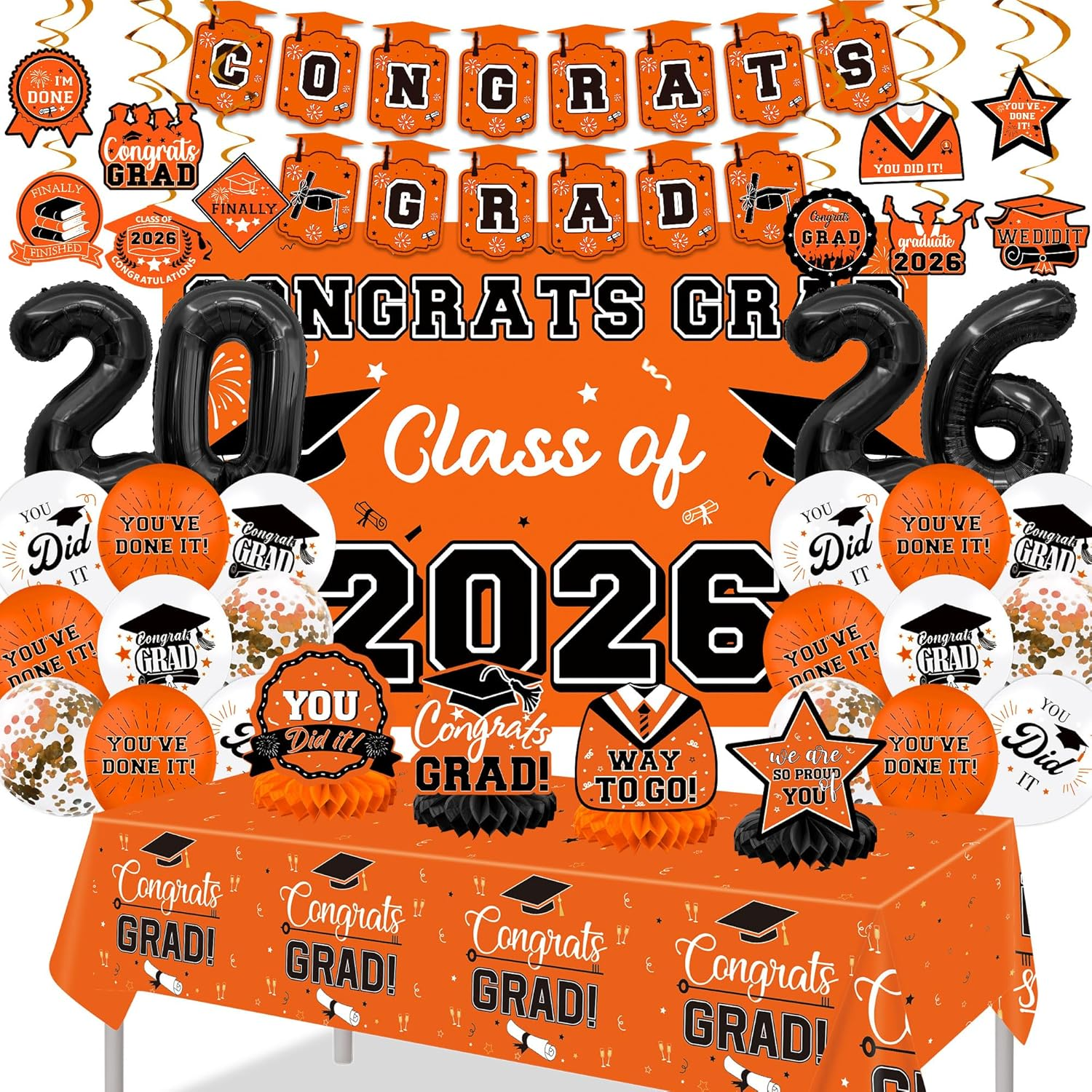 Graduation Decorations 2026, Class of 2026 Backdrop, Banner, 2026 Foil Balloons, Tablecloth, Hanging Swirls, Honeycomb Centerpieces, Party Supplies Decorations Set for College (Orange)