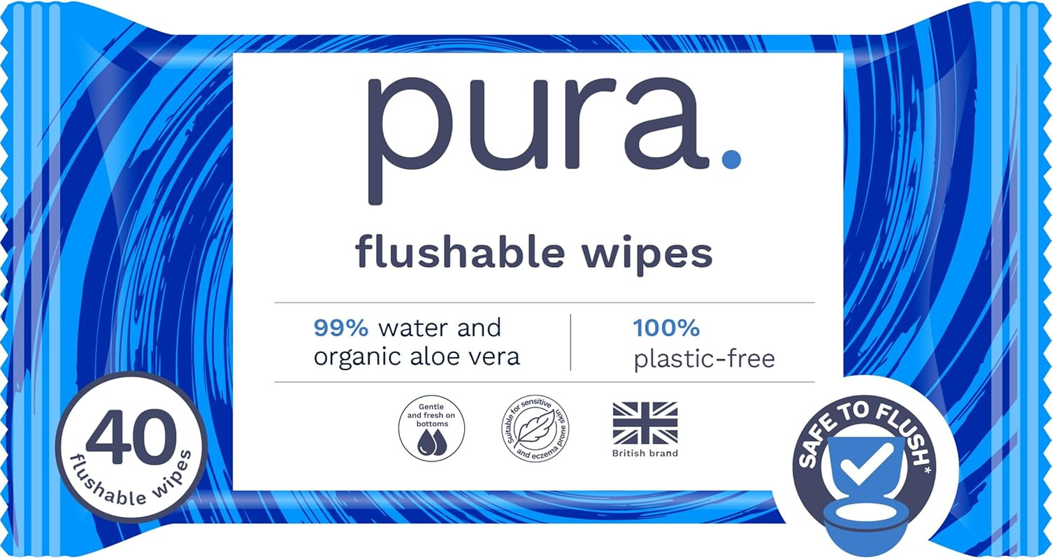 Pura Adult XL Flushable Unscented Wipes, 1 Pack of 40 Toilet Wipes Adult Wet Wipes, 99% Water & Aloe Vera, Personal Cleansing Wipes, Sensitive Skin