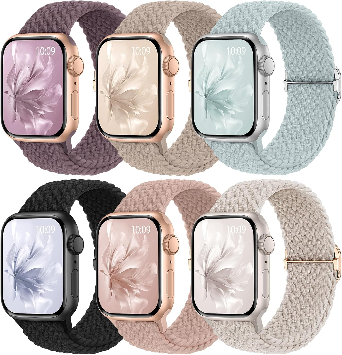 6 Pack Braided Stretchy Bands Compatible with Apple Watch Band 38Mm 40Mm 41Mm 42Mm 44Mm 45Mm 46Mm 49Mm Women Men, Adjustable Nylon Solo Loop Elastic Straps for Iwatch Series 10 9 8 7 6 5 4 3 SE Ultra