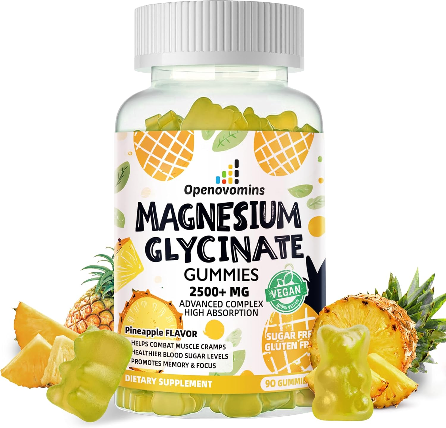 Magnesium Glycinate Gummies 2500mg -Pineapple Sugar Free Magnesium Potassium