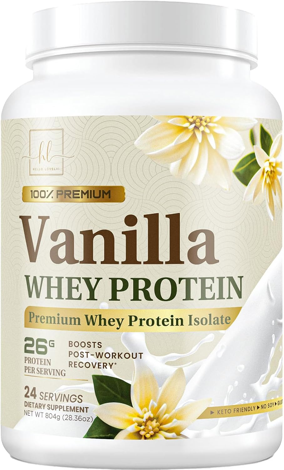 100% Whey Protein Powder, Creamy Vanilla Whey Isolate 26G Protein & Bcaas - Support Muscle Growth, Recovery & Fitness - Gluten Free, Fast Absorbing, Easy Digesting - Women & Men - 24 Servings