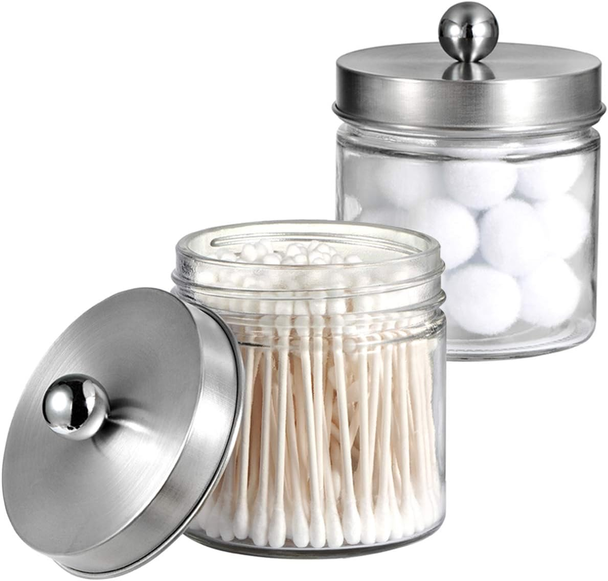 Bathroom Vanity Glass Storage Organizer Holder Canister Apothecary Jars for Cotton Swabs, Rounds, Balls, Qtips,Makeup Sponges, Flossers,Bath Salts - 2 Pack, Clear (Brushed Nickel)
