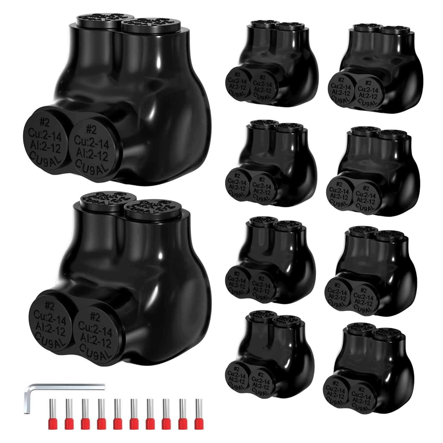 2 Port Insulated Multi Tap Connector 2-14AWG Aluminum to Copper Wire Connectors Single Side Entry Aluminum Black Electrical Cable Connectors with Slotted Allen Hex - 10 Pack