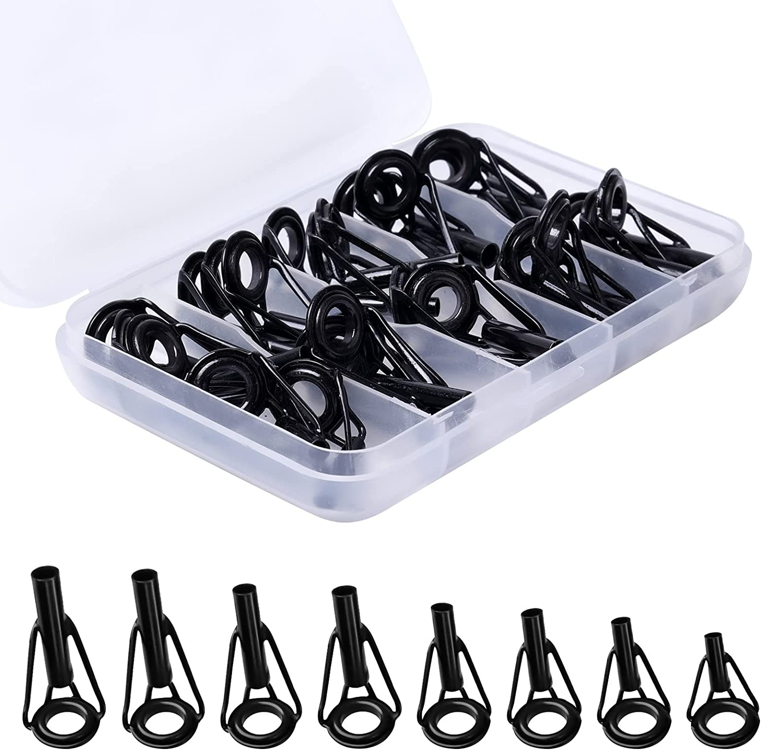 40pcs Fishing Rod Tip Repair Kit, 1.8-3.2mm Stainless Steel Rod Tip Replacement with Plastic Box Fishing Rod Ceramic Guide Rings for Freshwater Saltwater Fishing Lovers (Black, 8 Sizes)