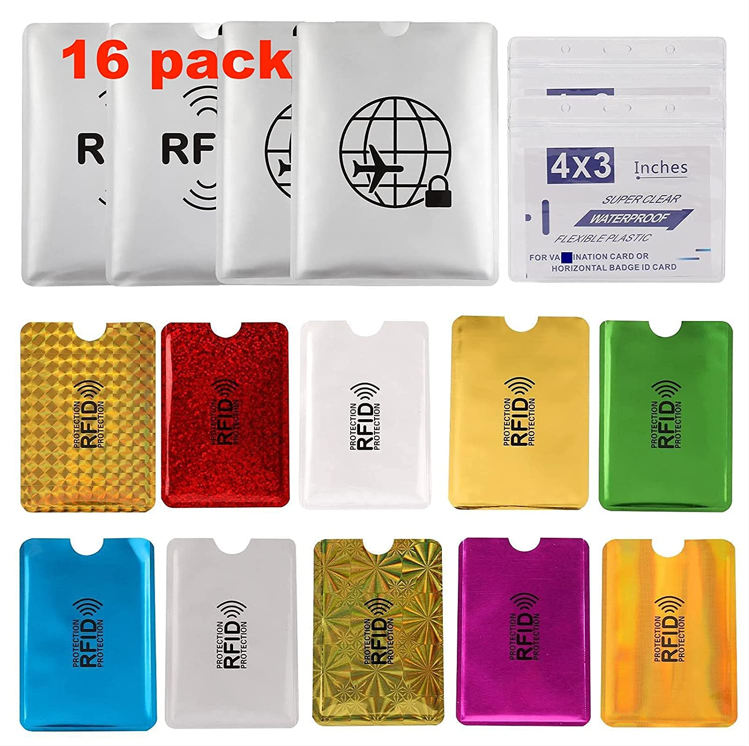 16 RFID Blocking Sleeves Set (10 Credit Card Holders & 4 Passport Protectors) Identity Theft Protection Secure Sleeves Set.Waterproof Aluminum Foil Slim Design Easily into Your Wallet
