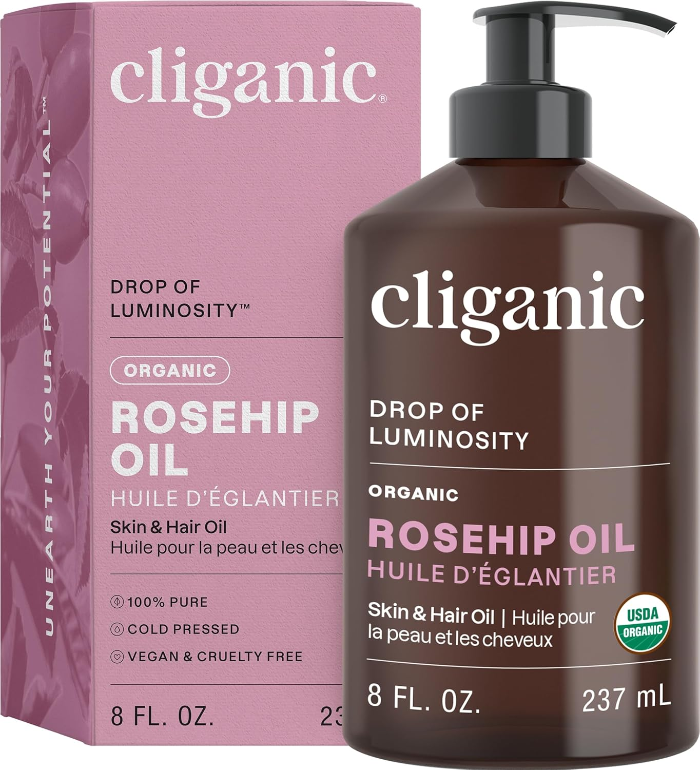 Organic Rosehip Seed Oil for Face, 100% Pure | Natural Cold Pressed Unrefined Non-Gmo | Carrier Oil for Skin, Hair & Nails (Packaging May Vary)
