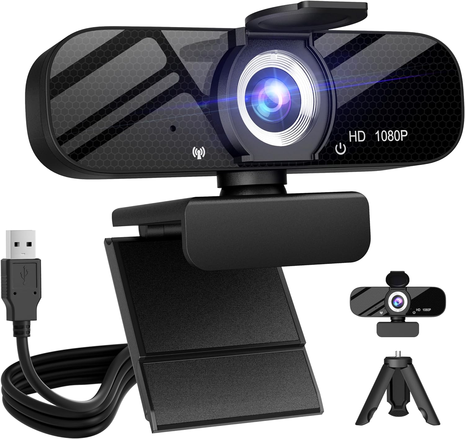 Full HD Webcam with Built-In Microphone and Rotatable Tripod, 1080P Video and Wide Angle Camera, Privacy Cover, for Desktop PC or Laptop Computer