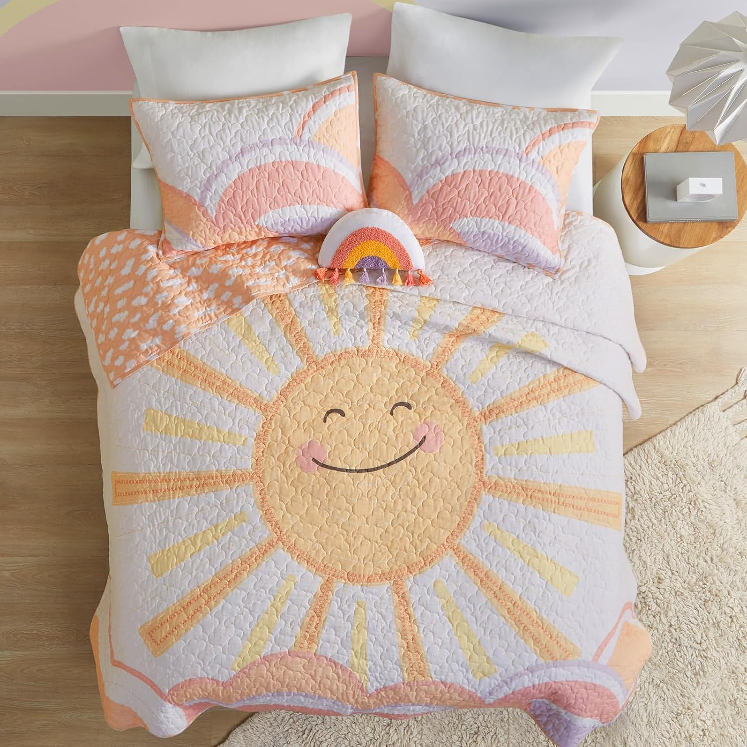 Kids Queen Bedding Set Cotton Sun Full Size Quilt Sets for Girls Rainbow & Clouds Reversible Queen Coverlet Dawn Light & Breathable Sham Throw Pillow Full/Queen Yellow/Coral 4 Piece