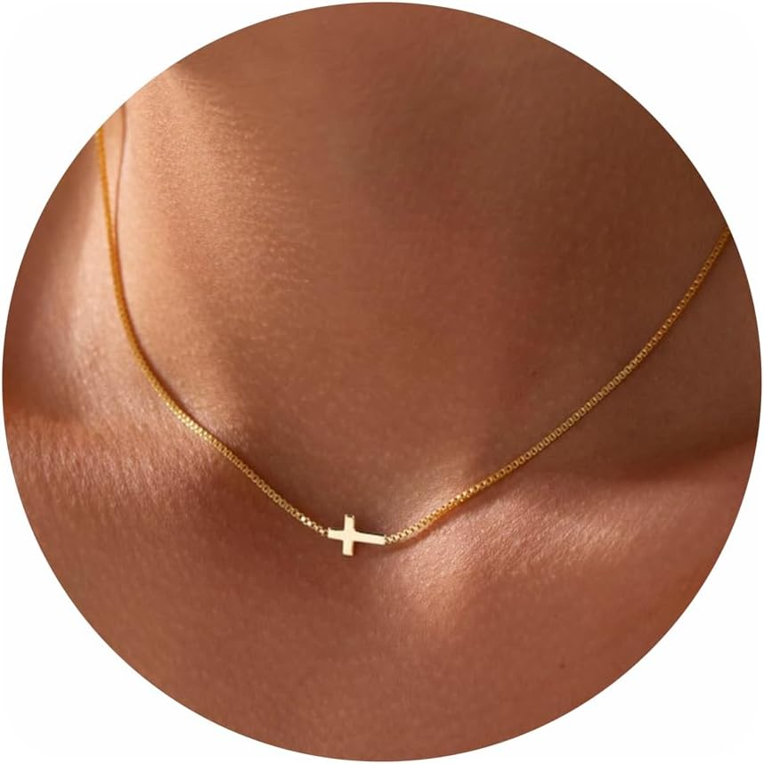 Dainty Gold Cross Necklace for Women - Trendy 14K Gold Plated Simple Faith Pendant, Cute Minimalist Choker, Religious Jewelry Gift for Her, 16.5