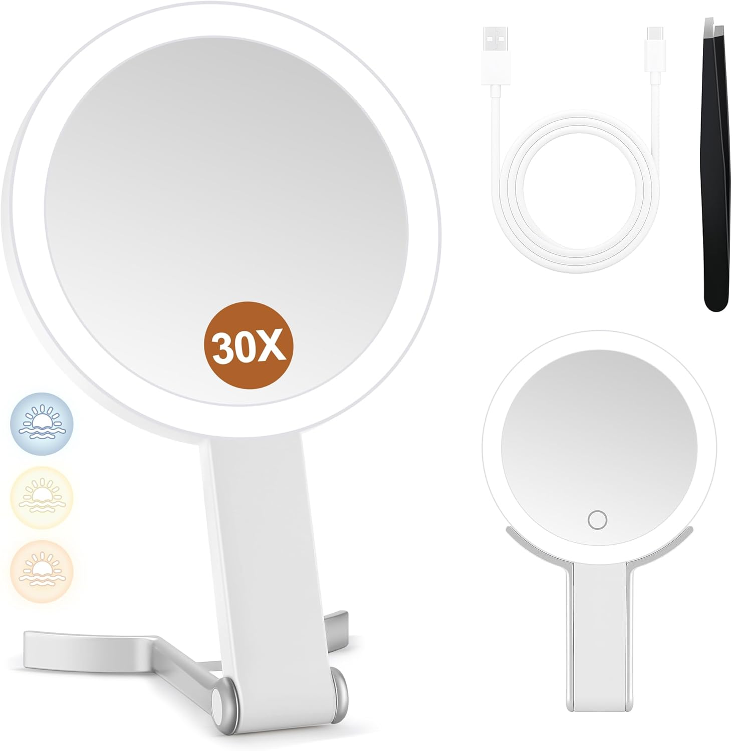 Magnifying Mirror with Light, Double Sided 30X/1X Lighted Travel Makeup Mirror with Magnification, 3 Color Lighting, Dimmable Touch Screen, Adjustable & Foldable Hand Mirror (White)
