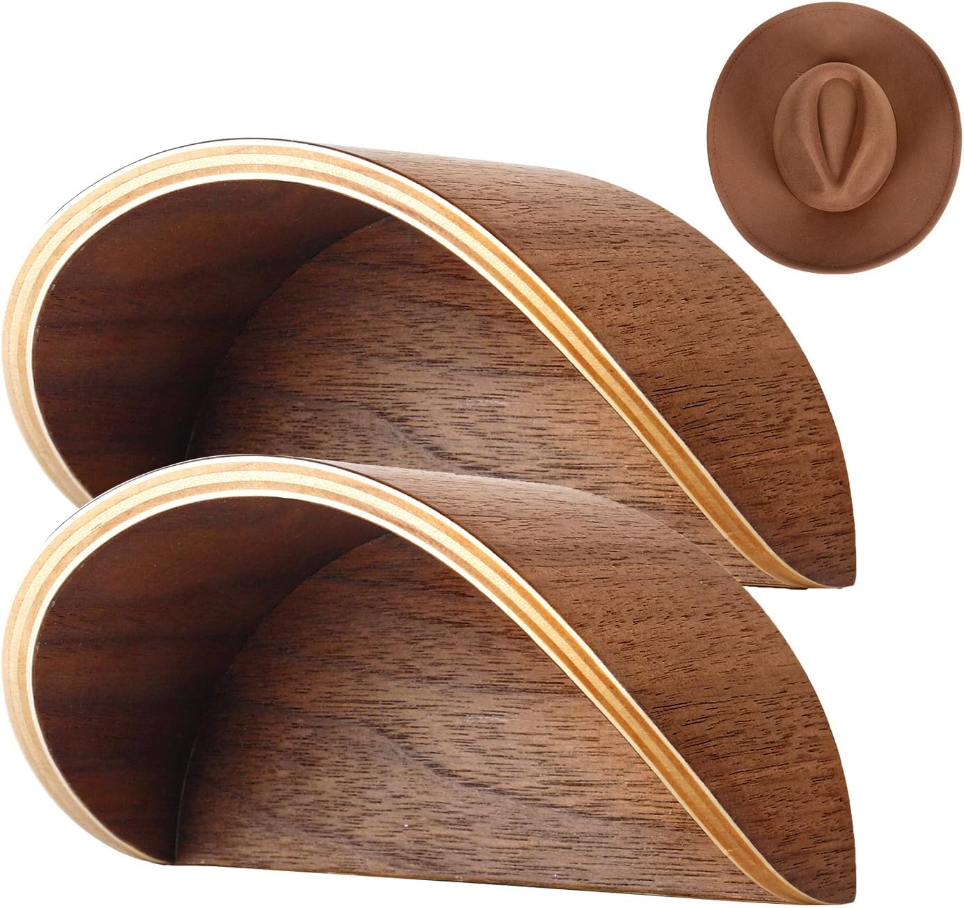 Cowboy Hat Rack for Wall,2 Pack Wooden Hat Holder,With Satin Finish Hat Hooks,Non-Damage Brim Design Can Keeps Original Shape of Hat, for Western Hat Organizer (Walnut Wood)