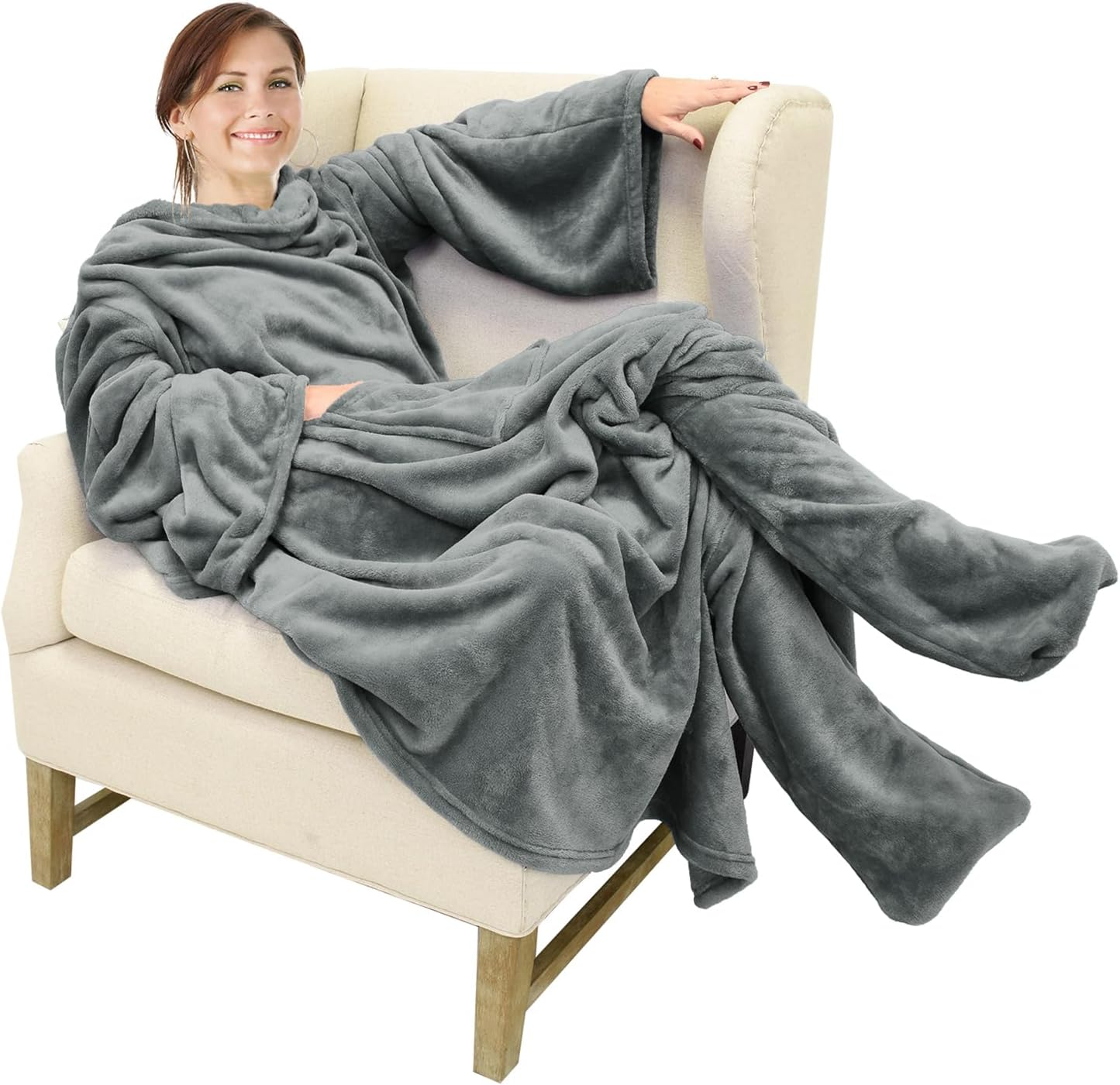 Wearable Fleece Blanket with Sleeves and Foot Pockets for Adult Women Men, Micro Plush Comfy Wrap Sleeved Throw Blanket Robe Large, Grey