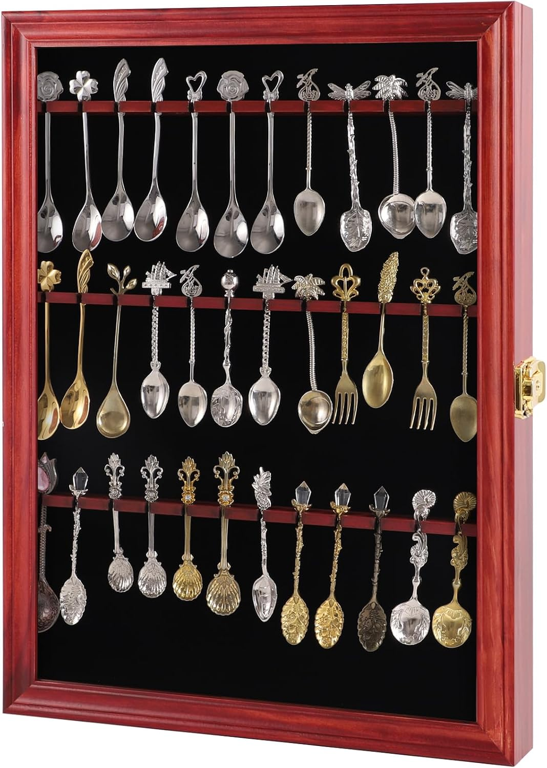 36 Souvenir Tea Spoon Display Case Collection Collector Rack Wall Mount Wooden W/98% UV Acrylic Door Lockable (Cherry)
