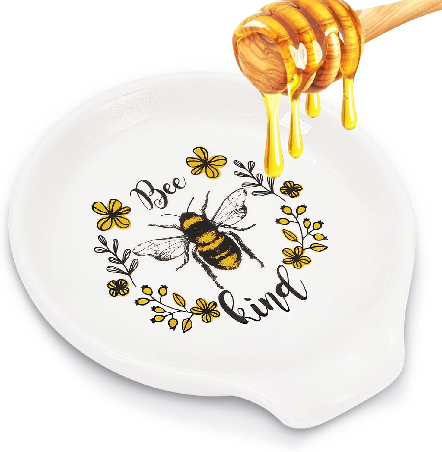 Bee Spoon Rest Kitchen Decoration Queen Bee Ceramic Coffee Spoon Holder Bee Kind Sauce Dishes Farmhouse Ring Dish for Kitchen Office Summer Bee Day Party Decor