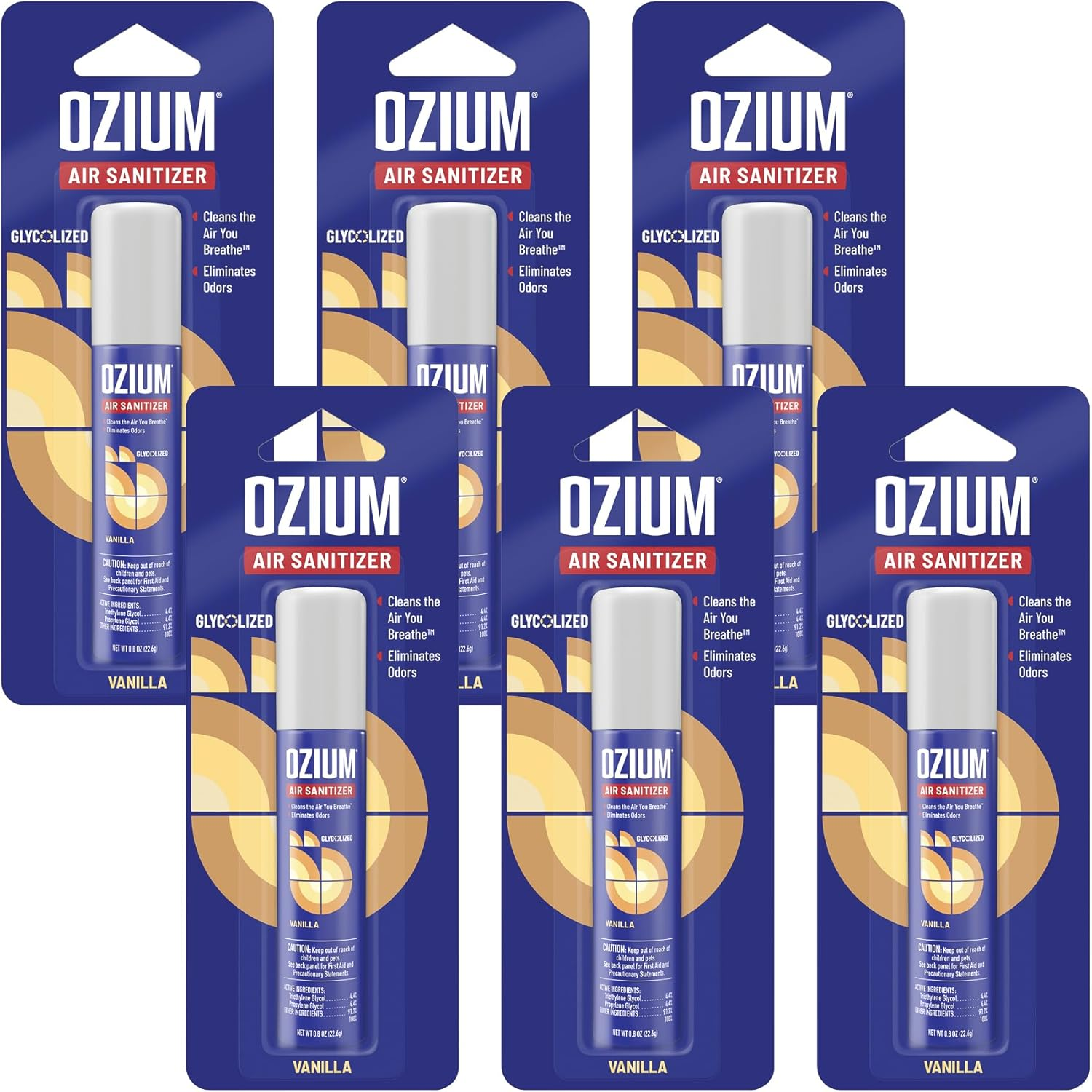 0.8 Oz. Air Sanitizer & Odor Eliminator for Homes, Cars, Offices and More, Vanilla Scent, Pack of 6
