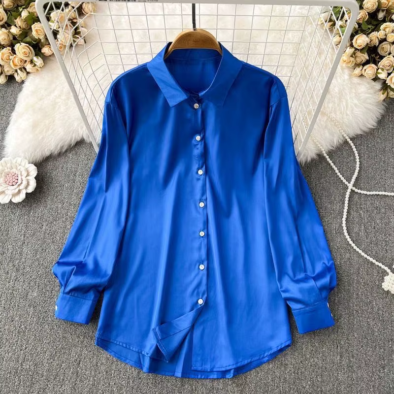 Fashion Casual Satin POLO Collar Single Breasted Long Sleeve Irregular Shirt Top Women Fall