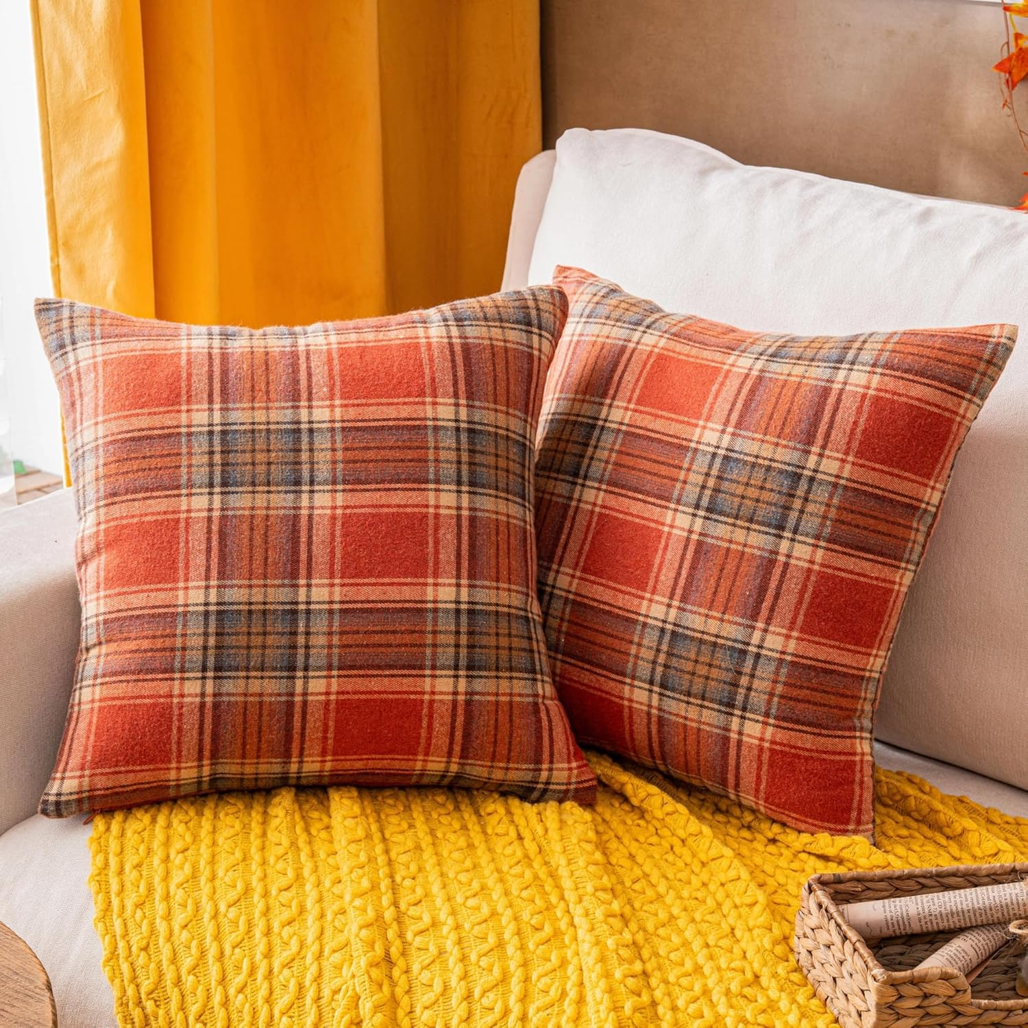 Fall Plaid Orange Throw Pillow Covers 18X18 Inch, Set of 2 Autumn Decorative Th