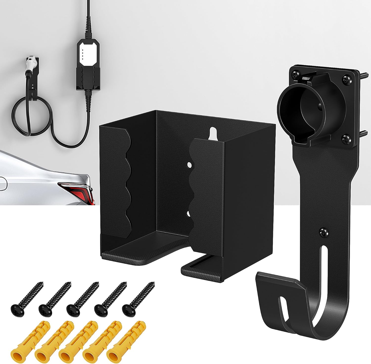 Joinfworld EV Charger Holder Wall Mount Kit EV Charger Holster Dock for SAE J1772 Connector J-Hook EV Charger Cable Holder & EV Charging Box Holder for Electric Vehicles