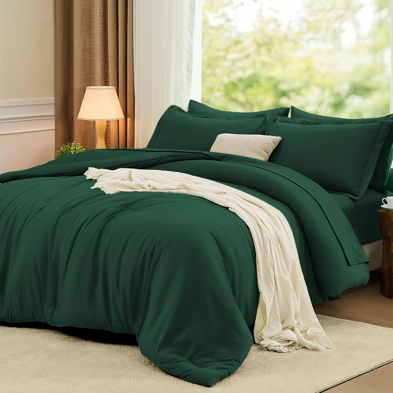 King Size Comforter Sets Emerald Green, 7 Pieces Soft Bedding Set, All Season Lightweight Bed in a Bag with Comforter, Flat Sheet, Fitted Sheet, Pillowcases & Shams