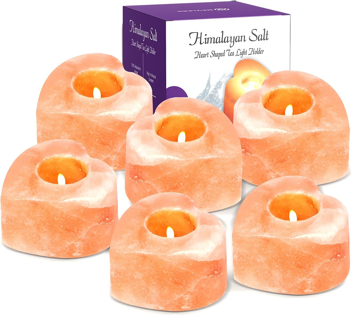 6 Pack Pure Himalayan Salt Candle Holders | Heart Shaped Himalayan Salt Tea Candle Holder | Hand Crafted Himalayan Tealight Holders | Salt Candle Holder for Decor | Salt Lamp Tealight Holders