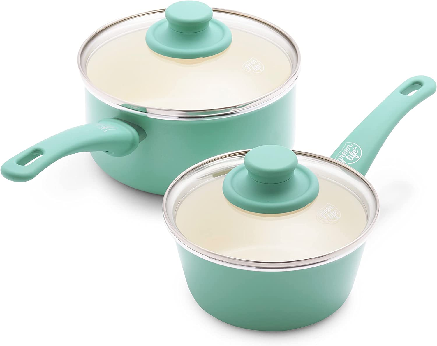 Soft Grip 1QT and 2QT Saucepan Set, Non-Toxic Pfas-Free Ceramic Nonstick, Glass Lids, Stay Cool Handles, Wobble Free Base, Dishwasher & Oven Safe, Easy Clean, Multipurpose, Turquoise