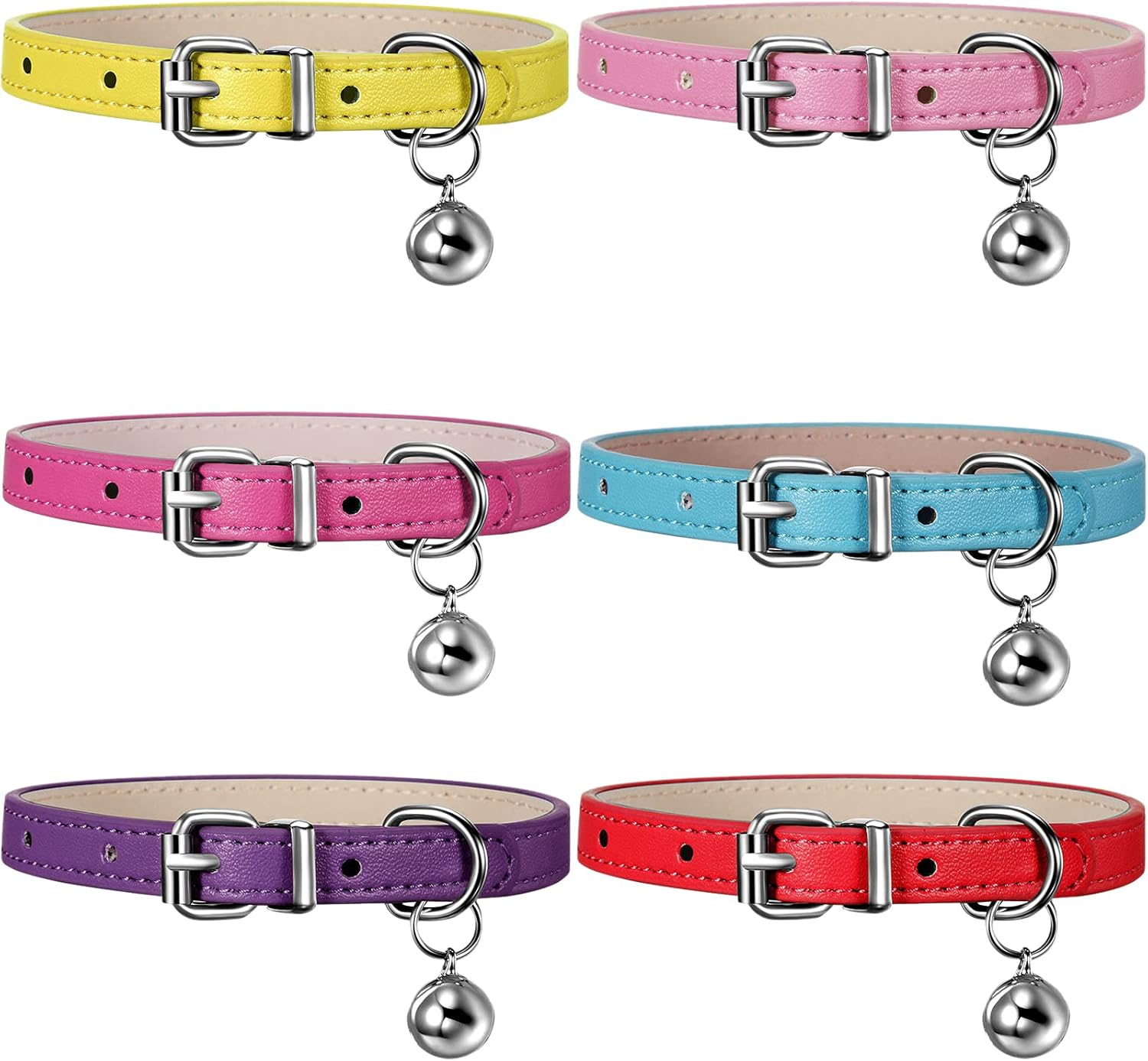 6 Pieces Leather Cat Collar with Bell Cute Pet Leather Kitten Collar for Boy Gi