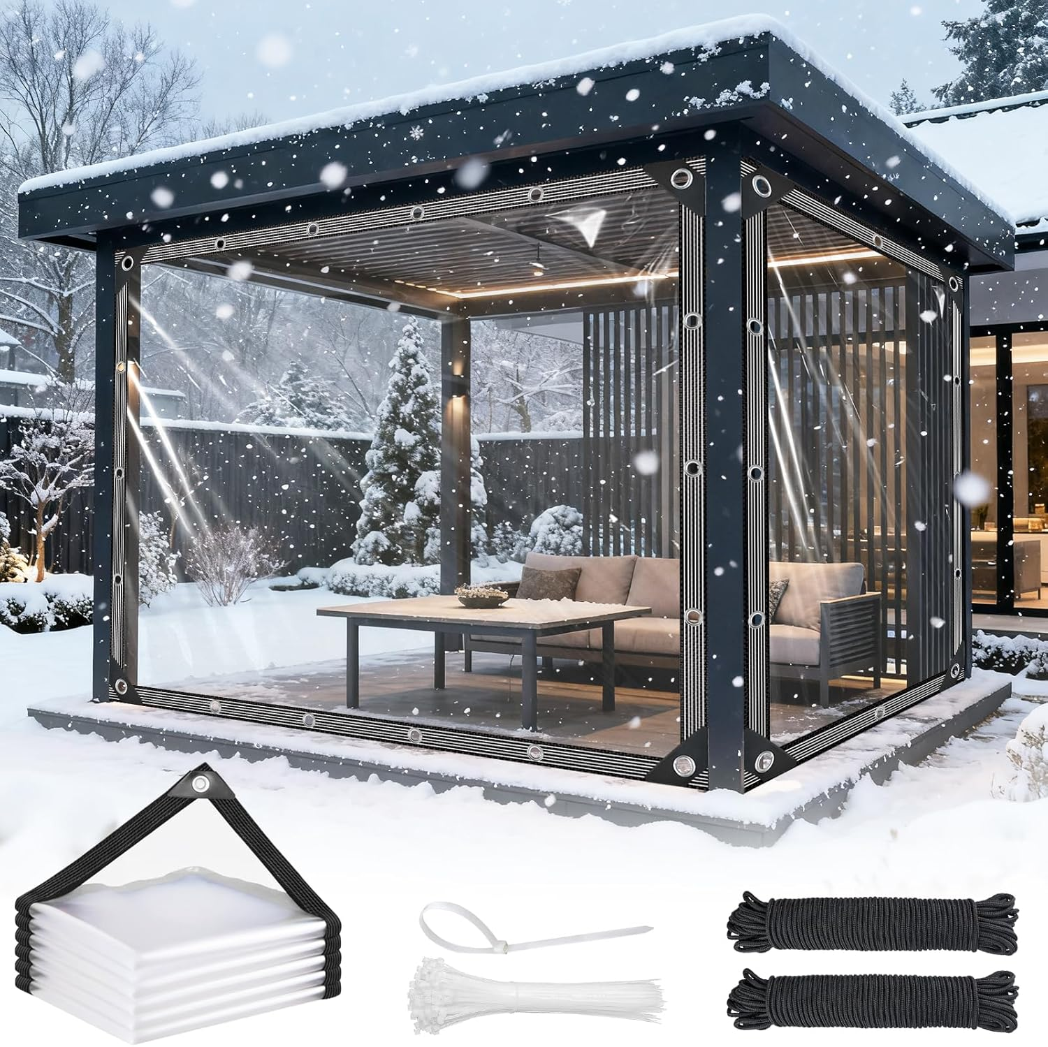 Clear Tarps Heavy Duty Waterproof - 8X20Ft Clear Tarps with Grommets - 14Mil Thickened Transparent Plastic Vinyl Tarp for Patio Porches Greenhouse Chicken Coop Cover, with Fixed Accessories
